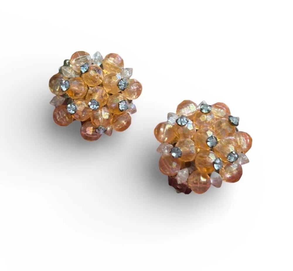 Vintage Peach Aurora Borealis Glass Bead Cluster Clip On Earrings
